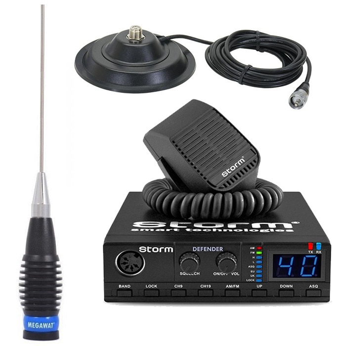 Kit statie radio CB Storm Defender 2019 + antena radio CB Megawatt ML145 si baza magnetica