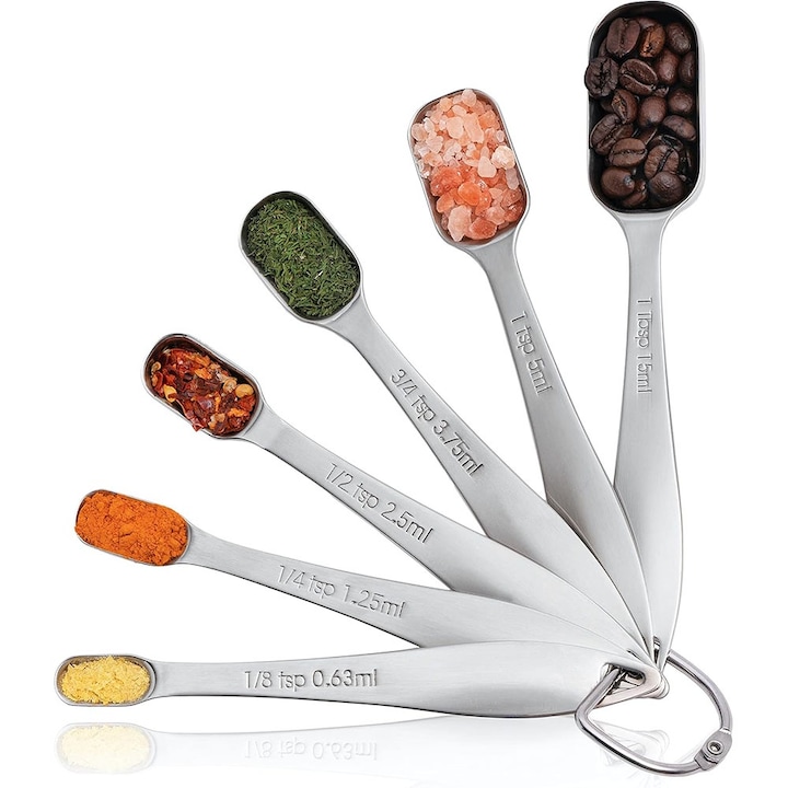 Set de 6 linguri de masurat din otel inoxidabil, BOMSTOM, material de calitate alimentara, cantar precis, robust si durabil, ustensile de bucatarie pentru cafea, coacere, gatit alimente, argint