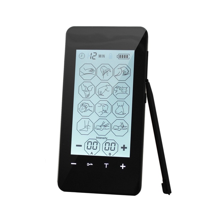 Roffie Tens Machine Izomstimulátor, érintőkijelző, elektronikus impulzus, 12 üzemmód, fekete