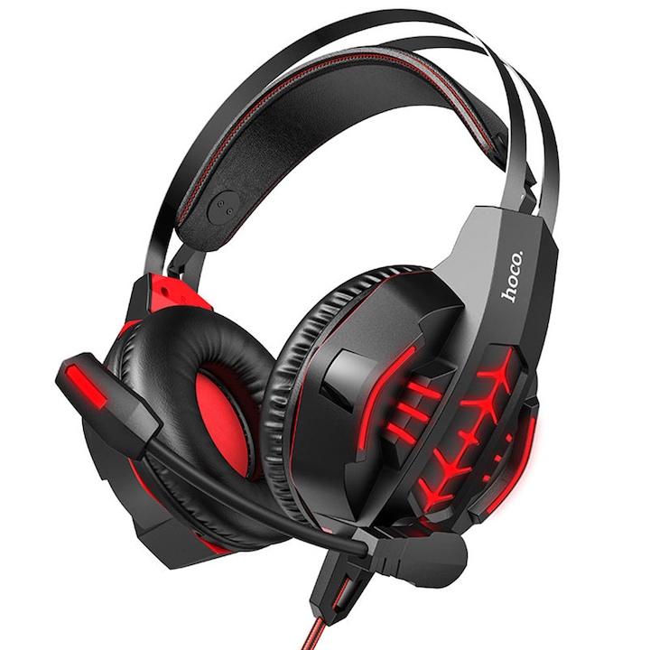 Casti gaming cu fir, Nod, LED, 32 Ω, Negru/Rosu