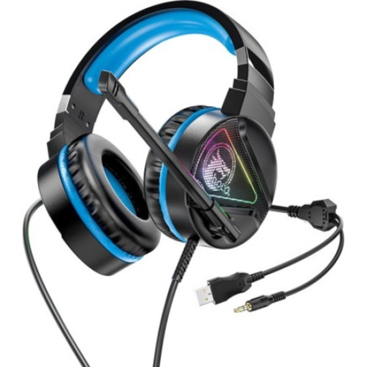 Геймърски слушалки, Hoco, жак 3,5 мм / USB, 1,2 м, синьо/черно