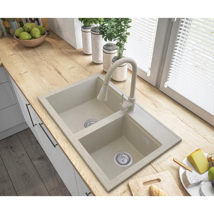 Chiuveta Granit, Granitan, Hektor, Doua Cuve, Rezistenta Si Design Modern, Cu Baterie Snake Pipa Extensibila, Sifon Perete Crom Economisitor Spatiu, Impregnant GraniProtect Inclus, 800 x 500 mm, Bej