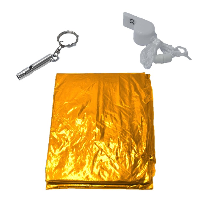 Kit supravietuire, 3 in 1, 2 fluiere, pelerina de ploaie, model simplu, portocaliu, M2, Dalimag