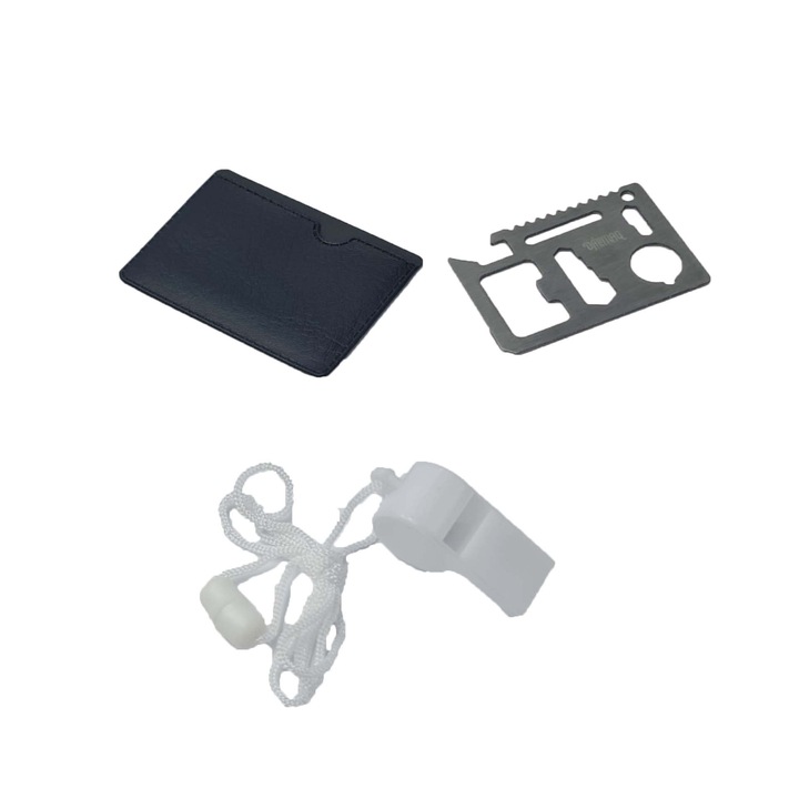 Kit supravietuire, 3 in 1, card multifunctional, husa, fluier, gri, Dalimag