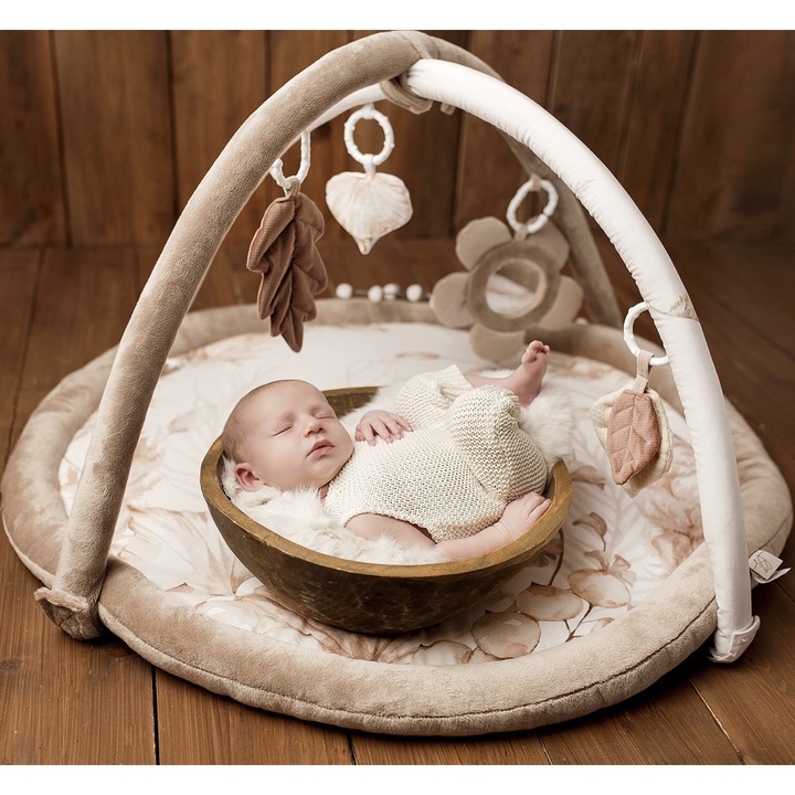 Salteluta cu arcada interactiva pentru copii si bebelusi, activitati cu jucarii senzoriale – Boho, 90x60cm