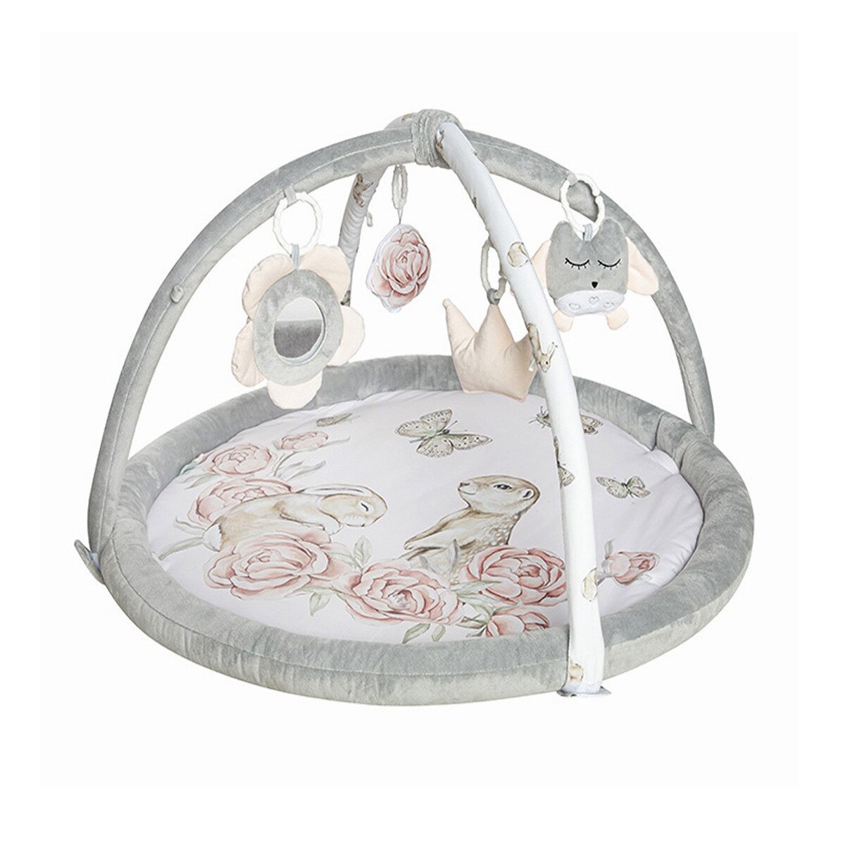 Salteluta cu arcada interactiva pentru copii si bebelusi, activitati cu jucarii senzoriale – Peony Dreamland, 90x60cm