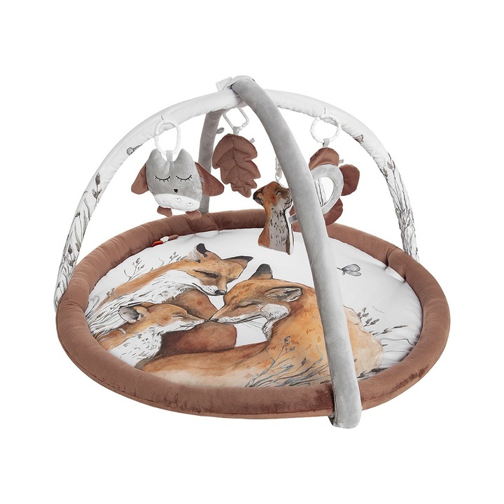 Salteluta cu arcada interactiva pentru copii si bebelusi, activitati cu jucarii senzoriale – Fox, 90x60cm