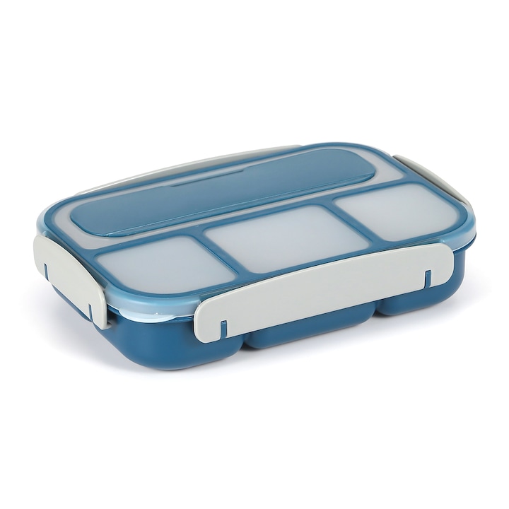 Кутия за обяд, полипропилен, непропусклива, прибори за хранене, 4 отделения, синя