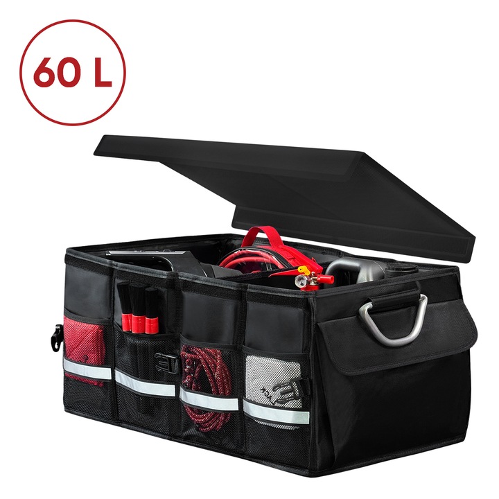 Organizator portbagaj auto Premium, multifunctional, impermeabil cu manere din aluminiu, pliabil, negru