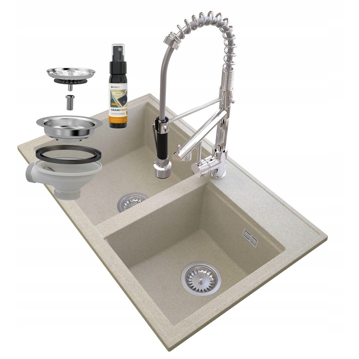 Set chiuveta dubla si baterie Hektor, Granitan, Cu spirala, 808 x 505 mm, Alama/ Ceramica, Bej/ Argintiu