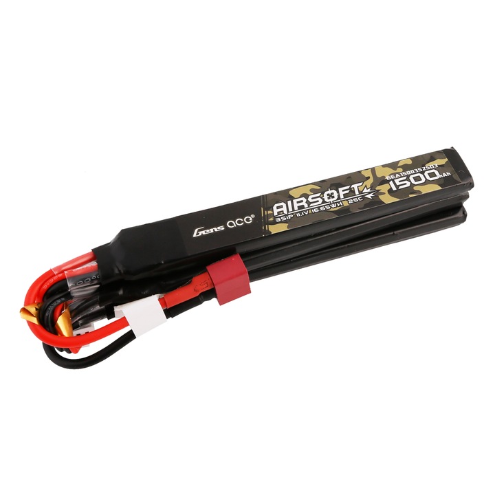 Батерия LiPo Gens Ace Airsoft, напрежение 11.1V, капацитет 1500mA, скорост на разреждане 25C, плътен конектор, състоящ се от три стика
