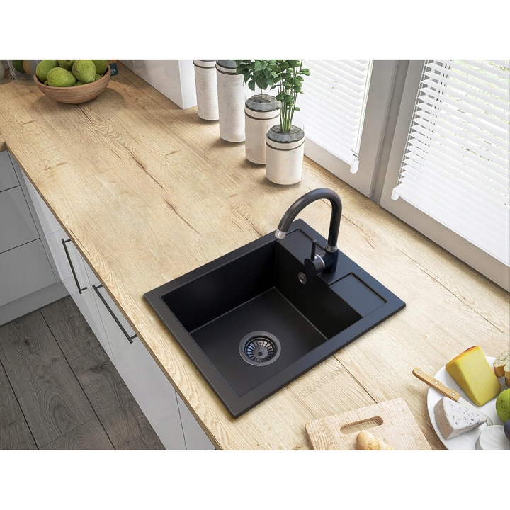 Pachet Chiuveta bucatarie Best + Baterie Beta, Granitan, Compozit granit, 400x500 mm, Adancime 182 mm, Montare pe blat, Negru