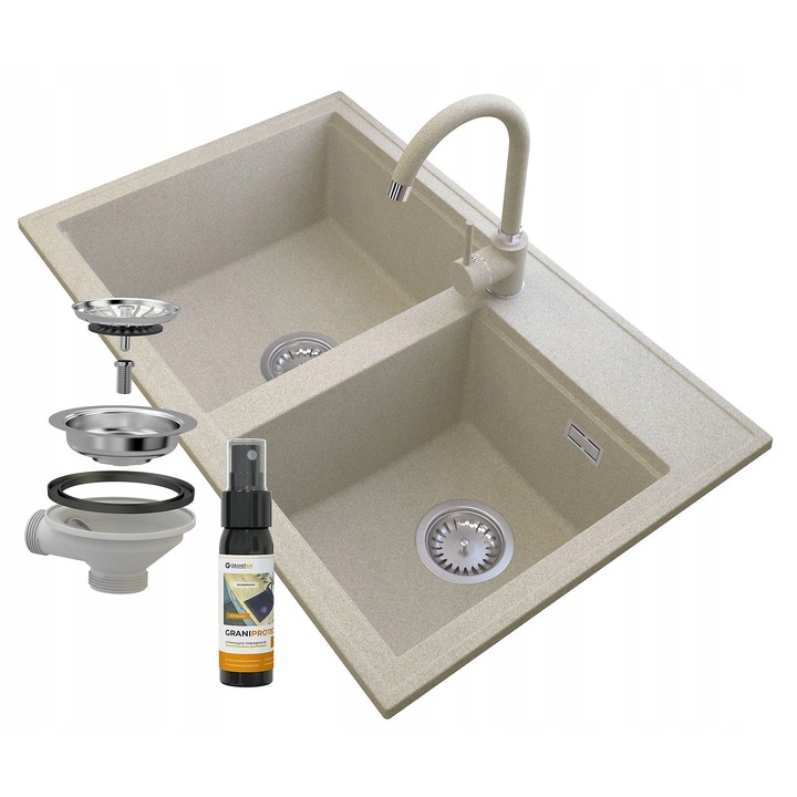 Pachet Chiuveta bucatarie Hektor + Baterie Beta, Granitan, Compozit granit, 800x500 mm, Adancime 205 mm, Montare pe blat, Bej