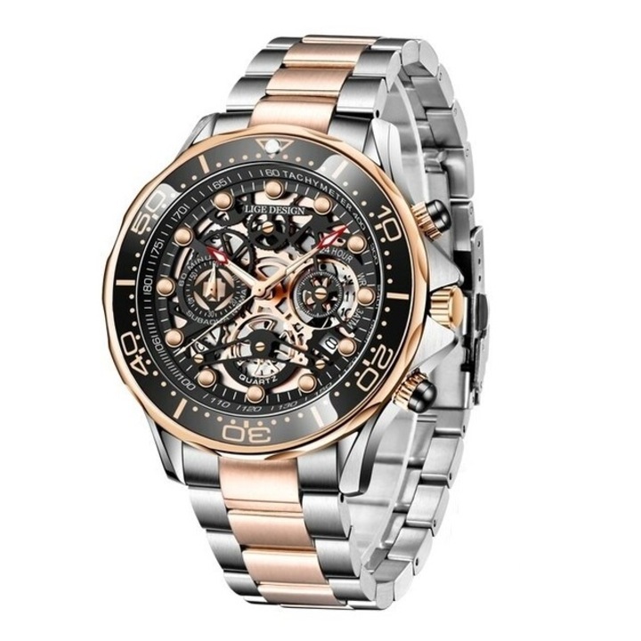 Мъжки часовник Lige Quartz Chronograph Skeleton Elegant Business Gold Analog Display