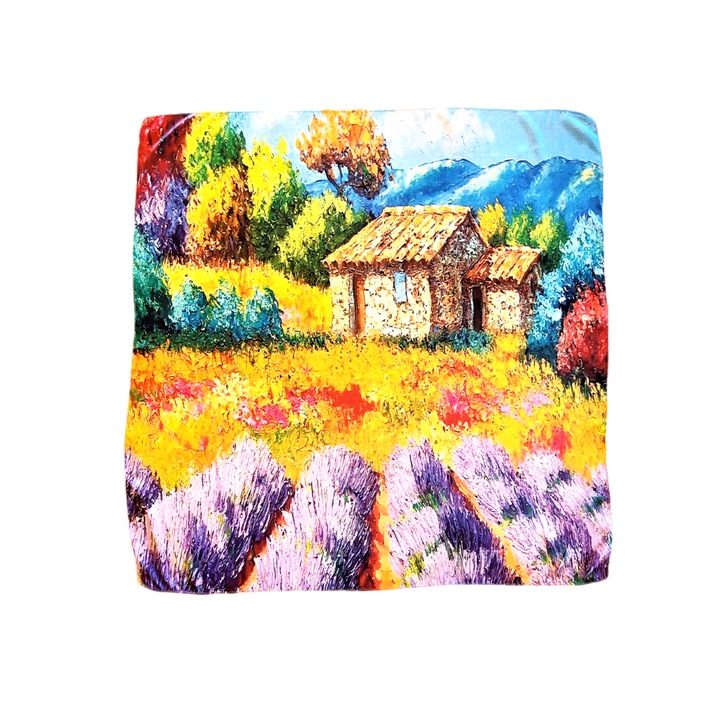 Esarfa matase imprimeu lan cu lavanda 70 x 70 cm