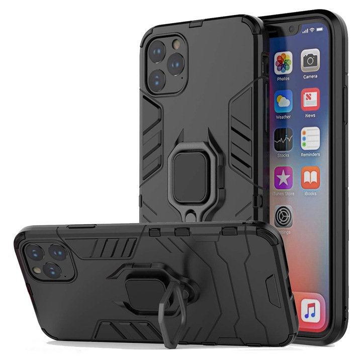AZIAO Armor Ring tok Apple iPhone 11 Pro Max készülékhez, Army Shield, hibrid szerkezet, 360°-os mágneses tartógyűrű, masszív, tartós tok, titán fekete