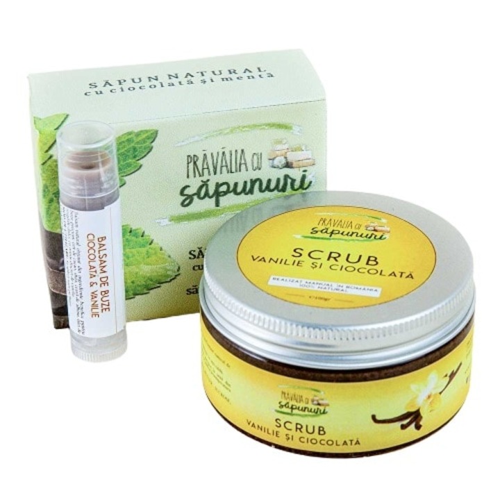 Set Sapun, Balsam si Scrub cu ciocolata si vanilie, Pravalia cu Sapunuri, 3 piese