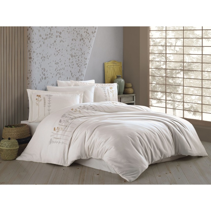 Lenjerie de pat bumbac Hobby Diva Krem pentru 2 persoane, cu broderie in tesatura, 4 piese, 200x220 / 50x70, crem