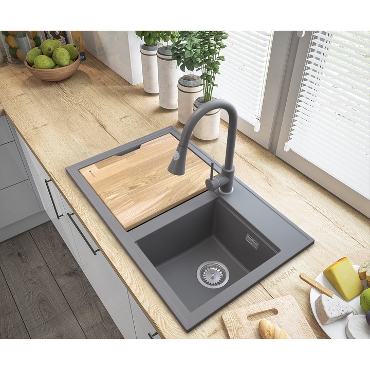 Set Chiuveta Granit + Baterie, Granitan Hektor, Pipa Extensibila, Sifon Manual Crom, Insert Lemn Si Impregnant, Rezistenta La Zgarieturi Si Temperatura Ridicata, 800 x 500 mm, Gri