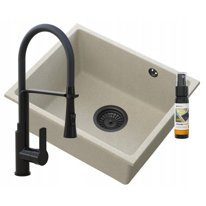Комплект кухненска мивка и спрей за импрегниране GRANITAN, 30 мл, Гранит, Черен/Бежов