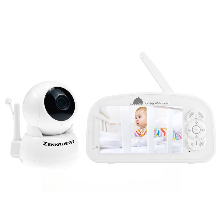 Бебефон Zenkabeat, Viewpro XT, Full HD, Clearview Baby Surveillance Camera, Display 5", 360 Rotation, Push to talk, 200M обхват, Нощно виждане, Аларма, Температура, Приспивни песни, Бял