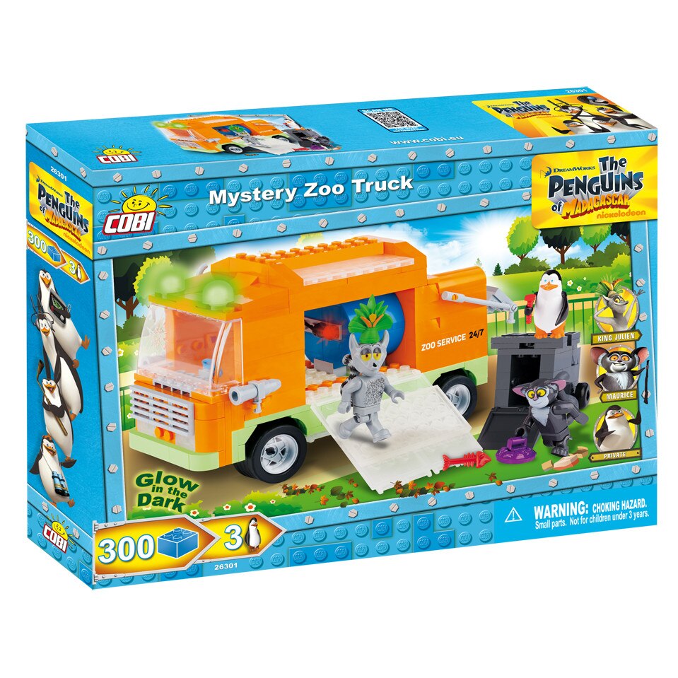 Set Constructie Cobi, Pinguinii din Madagascar, Camionul Zoo misterios (300piese, 3fig)