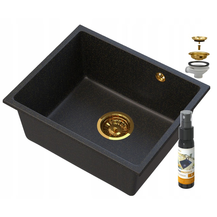 Set chiuveta bucatarie si spray, Granitan, Granit, Negru/Gold