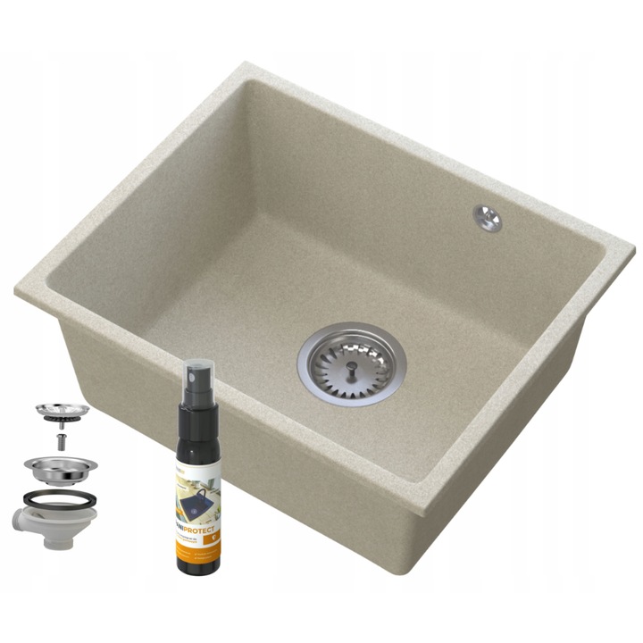 Manado Mosogató, 1 Medence, Sárgaréz Elemek, Kézi Fali Szifon, Sérülés- És Színfakulásálló, GraniProtect Impregnálás, Méretek 460x375 mm, Ideális Modern Konyhákba, Bézs