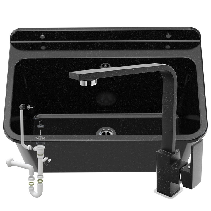 Set chiuveta si baterie de un casnic, Granitan, 56 x 61 cm, Polipropilena/ Ceramica, Negru/ Argintiu