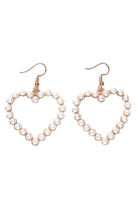 Cercei dama, Aliaj/Perle, Model inima, Alb