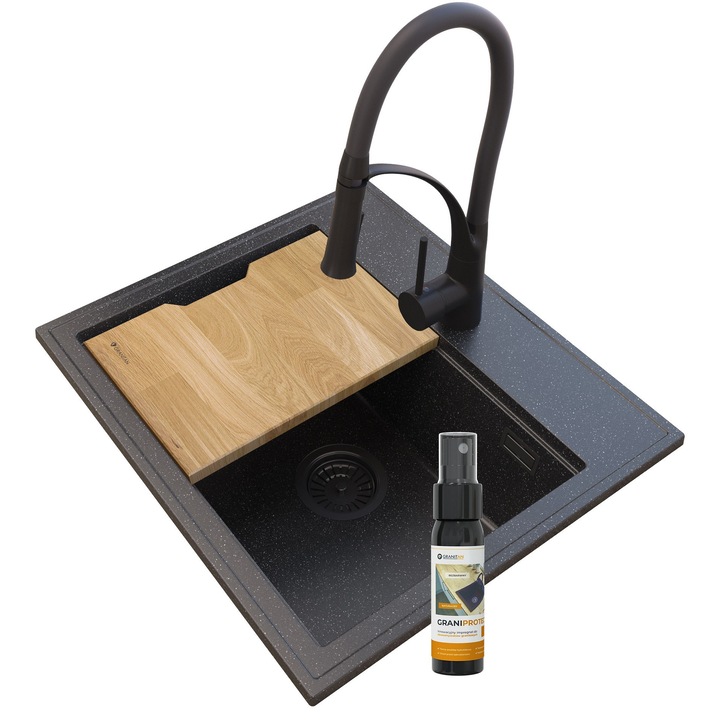 Mosogató szett csapteleppel, szifonnal, karbantartó oldattal, fa betéttel, Granitan, Gránit, Fekete/Barna