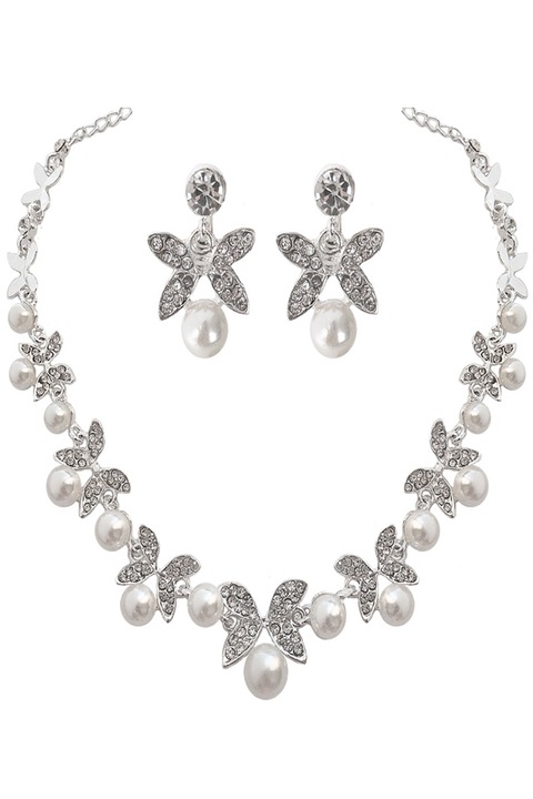 Set bijuterii dama, Aliaj/Perle, Argintiu