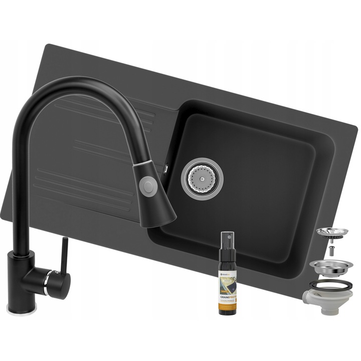 Pachet chiuveta bucatarie Ada + Baterie Beta + Dozator detergent lichid Clasic, Granitan, Compozit granit, 775x435 mm, Adancime 160 mm, Montare pe blat, Stanga, Negru cu pete albe