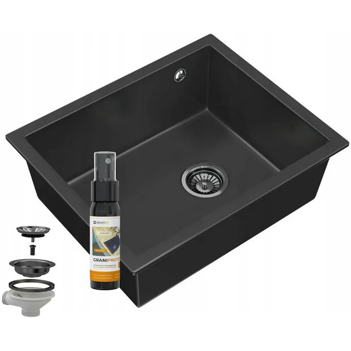 Set Chiuveta bucatarie + Spray impregnare, 30 ml, Granitan, Granit, Negru