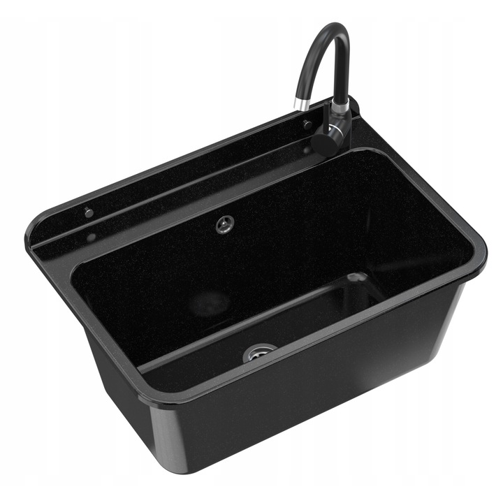 Set chiuveta si baterie de un casnic, Granitan, 56x61 cm, Polipropilena/Ceramica, Negru/Argintiu