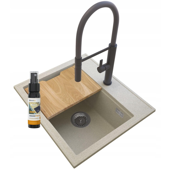 Chiuveta bucatarie + Baterie + Sifon + Spray impregnare, 30 ml + Blat lemn, Granitan, Granit, Bej si negru