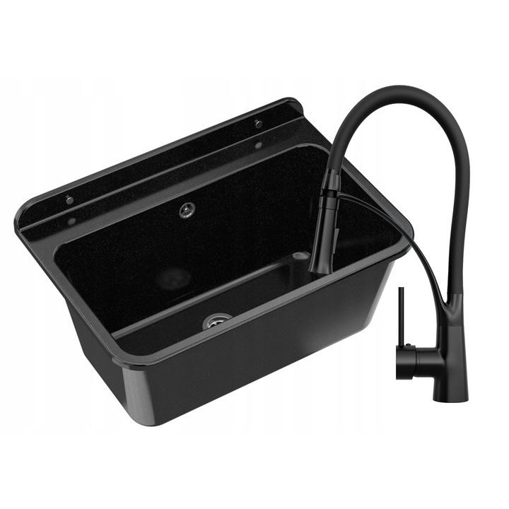 Set chiuveta si baterie de un casnic, Granitan, 56 x 61 cm, Polipropilena/ Ceramica, Negru