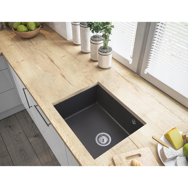 Set Chiuveta bucatarie + Spray impregnare, 30 ml, Granitan, Granit, Negru