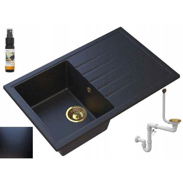 Chiuveta bucatarie Eris, Granitan, Compozit granit, 785x495 mm, Adancime 200 mm, Montare pe blat, Stanga, Negru cu pete aurii