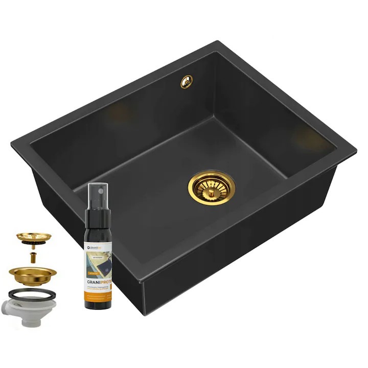 Set Chiuveta bucatarie + Spray impregnare, 30 ml, Granitan, Granit, Negru si auriu