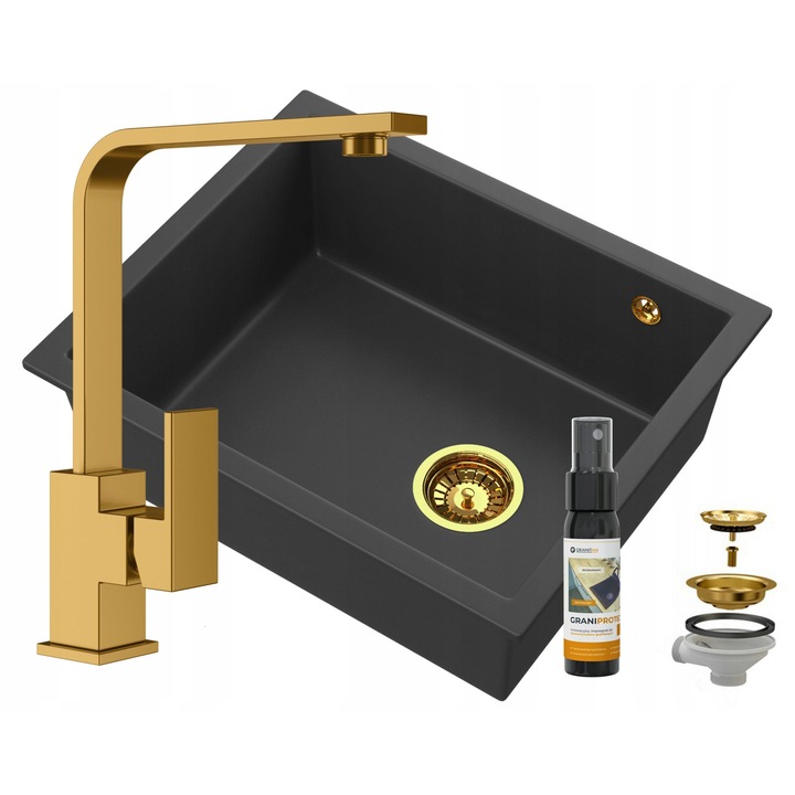 Chiuveta Salix, Din Granit, Cu Baterie, Sifon De Perete, Dimensiuni 560x460 mm, Adancime Cuva 190 mm, Rezistenta La Zgarieturi Si Decolorare, Impregnare GraniProtect, Ideala Pentru Bucatarii Moderne, Auriu