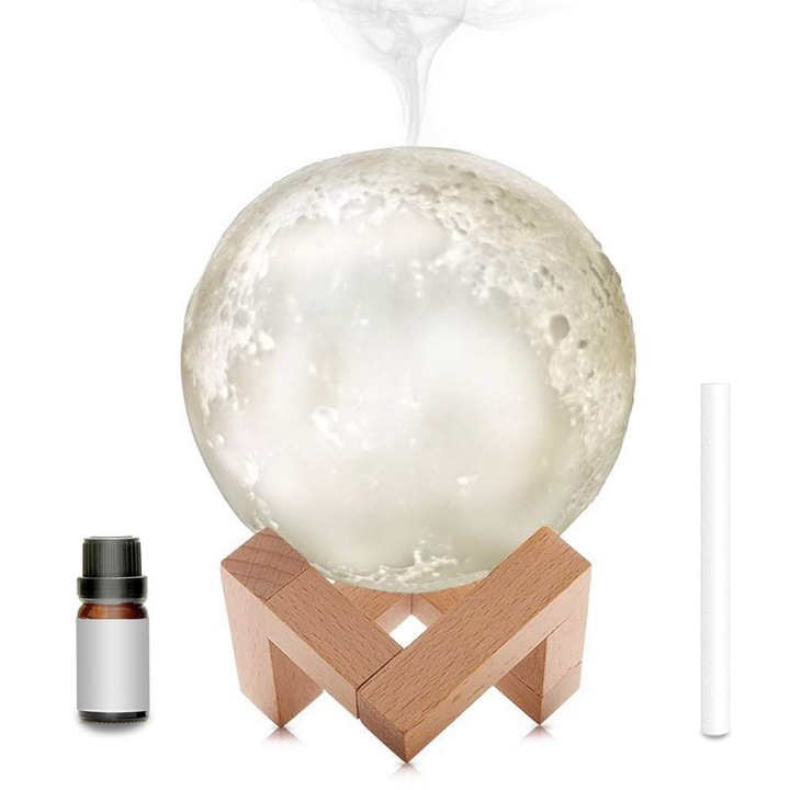 Umidificator aromaterapie cu Lampa de Veghe, Luna Onuvio® Moon 3D cu Acumulator, fara fir, 880 ml, 13 cm, lumina 3 culori, stand lemn, Extra filtru si Ulei esential 10ml