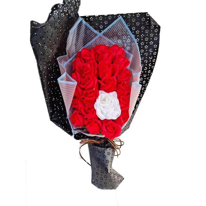 Buchet trandafiri sapun, especially for you, 25 bucati, 50 cm, rosu/alb