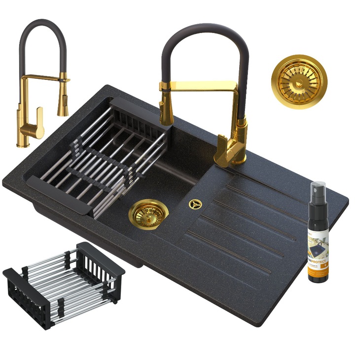 Комплект мивка с кран и сифон GRANITAN, 765 х 445 мм, Керамика, Черен/Златист