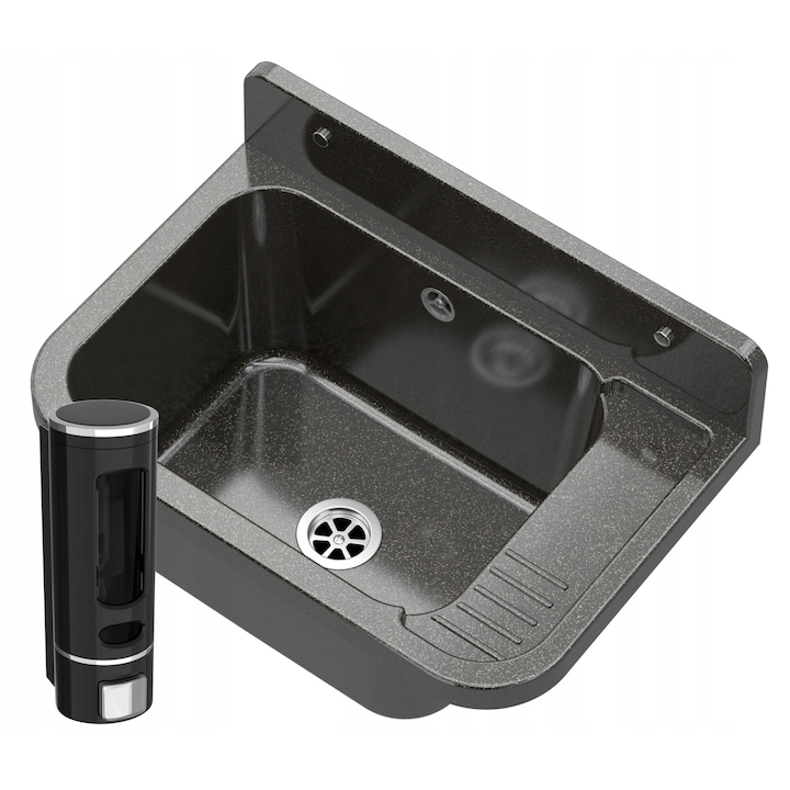 Set chiuveta si dispenser de perete Granitan, 50 x 34 x 31 cm, Polipropilena, Negru