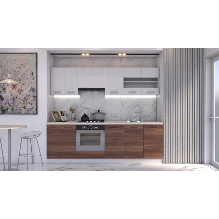 Кухня KringX Ikast, 240x195x60 см, Включен механизъм за меко затваряне, Бял/Слива