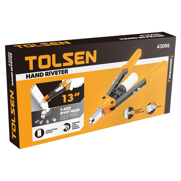 Nituitoare manuala TOLSEN 330 mm (13"), Corp aluminiu acoperit cu pulbere, Maner ergonomic PVC, 5 capete interschimbabile, Suporta nituri 2.4–6.4 mm, Colector integrat, Industrial, corp aluminiu si otel, maner ergonomic antiderapant