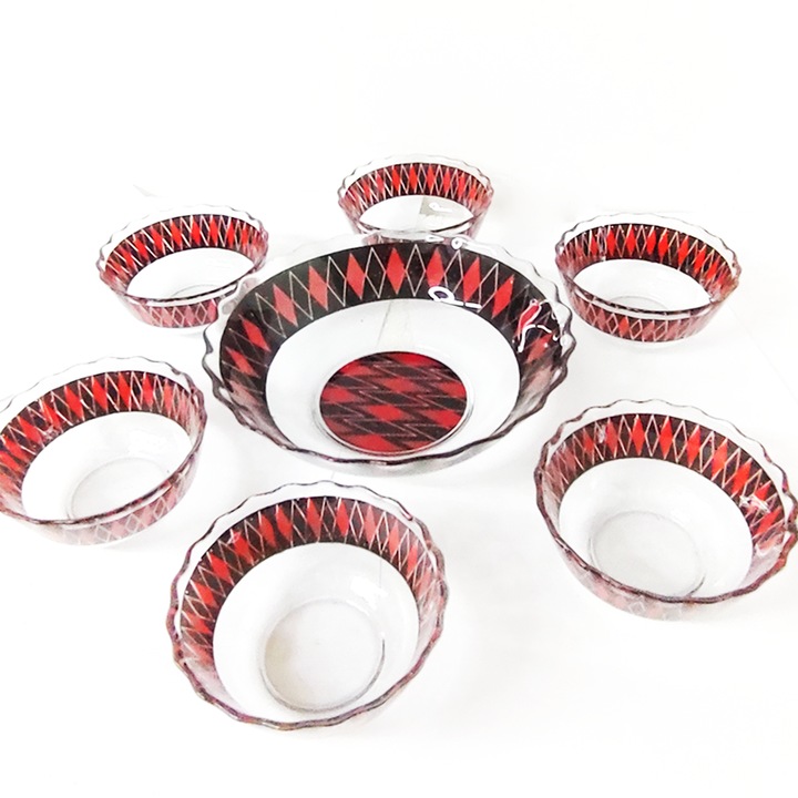 Set servire 7 piese, bol salata cu 6 boluri mici, sticla, model alb/rosu, bol mare 20.5 x6.5 cm, boluri mici 11x5.5 cm
