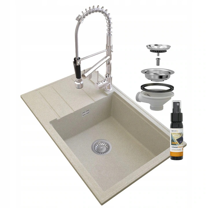 Set chiuveta cu baterie, sifon, solutie intretinere, Granitan, Granit, Bej/Argintiu