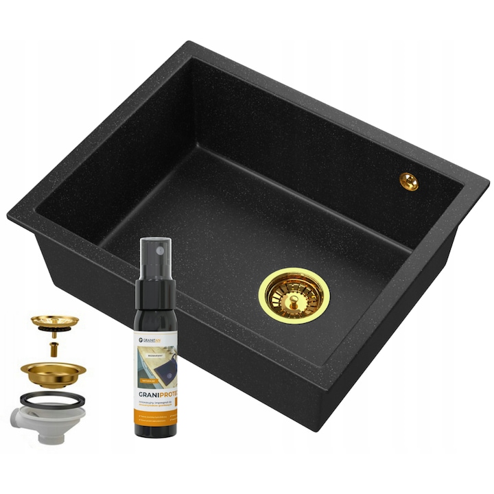 Chiuveta suspendata cu sifon Salix, Granitan, 560 x 460 mm, Granit, Negru/Auriu